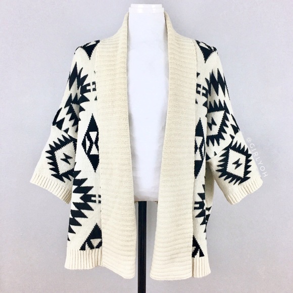 Beige Aztec Kimono Shawl Collar Open Cardigan L - Picture 2 of 7